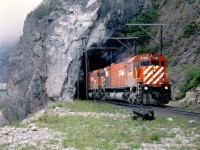 CP east bound freight exiting Mink Tunnel, mile 72.9 Heron Bay Subdivision.