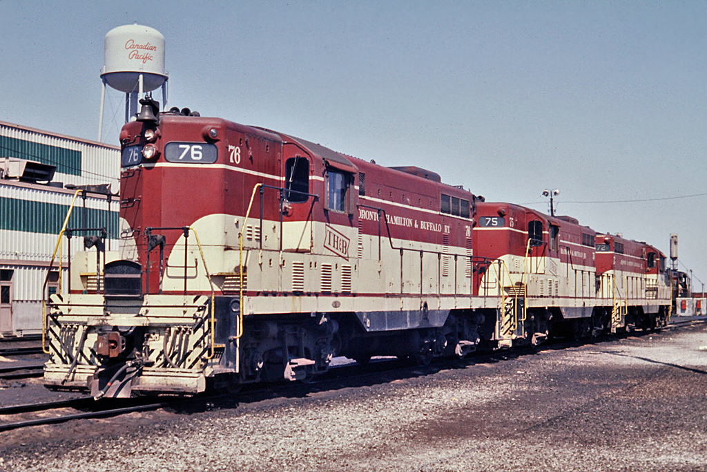 TH&B 76-75-72 are looking pretty good at CP's Agincourt Yard in 1968.  Both TH&B and NYC power could be found quite often at Agincourt waiting to bring either the Starlight or the Kinnear trains over to Hamilton.