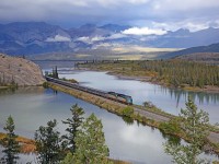 Mile 220 on the CN's Edson Sub between Devona and Henry House sees VIA 6434 in charge of The Canadian as it heads for a station stop at Jasper.