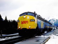 Heading west for 100th anniversary of the driving of the last spike on the Canadian Pacific we caught the east bound VIA at Banff.