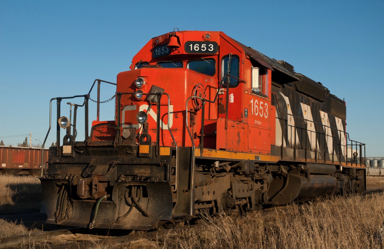 Assigned to the 501 local out of Biggar SK, ex-NAR SD38-2 CN 1653 awaits Monday morning's call to action.
