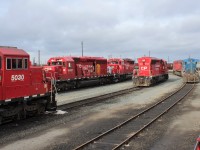 A trio of SD30eco's at the east end of the shop. Rare to see more than 2 at a time around here. SD40-2 6601 is still kicking around although it seems to have become a parts donor.
