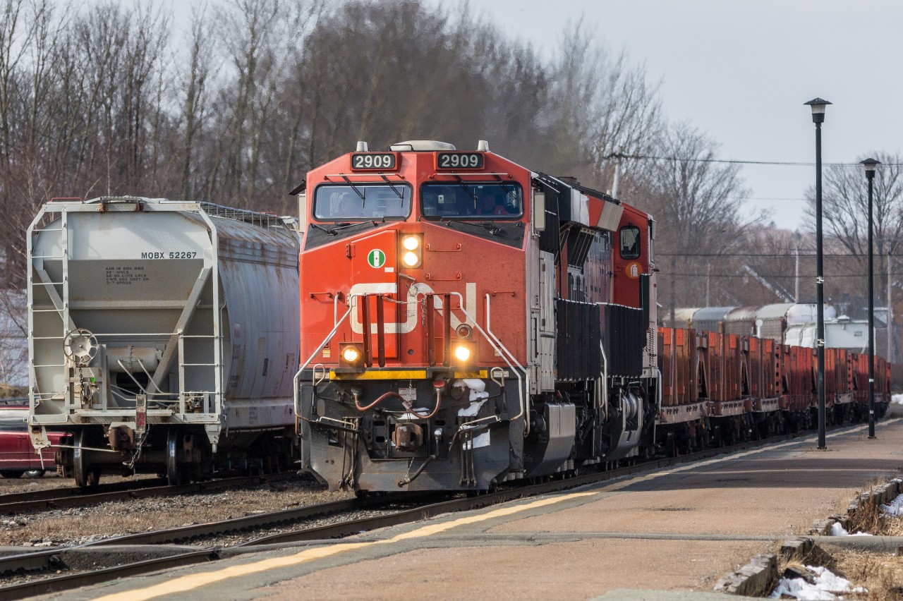 CN 2909 leads a mixed freight train towards the Truro reload yard where it will pick up a cut of cars before heading west towards Moncton