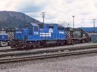 Some CR Blue & White, some BCR two tone green as well as silver and blue. Conrail 7774 far away from home working as yard engine in William Lake BC. BC Rail was short of power and scrounged up a few Conrail units. The story I heard was that the CR units had been leased to CP Rail and then rented out to BC Rail. The units were in rough shape mechanically and spent most of their time dead and awaiting repairs, needless to say BC rail did not keep them long. Sorry I can't pin down a date for this image, most likely mid-1986, the cheap slide film that day did not process with a date stamp.