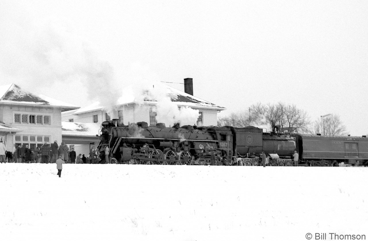 CN Northern 6167 stops at Allandale (Barrie) station, operating on a Sunday UCRS excursion on a snowy January 22nd day in 1963.