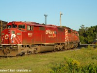 My Hamilton routine departing town in this era was to drive by Aberdeen yard to see what power was laying over from the Sudbury turn. To my right and in poor light was CP 5864, CP 5767 (Large Multimark) and a third unit, while these two basked in very nice late summer evening sun. 9022 was definitely one of the rarest of them all being a repainted "Red Barn" and one of the few that was actually 'red'. There were three large Multimark units at this time.