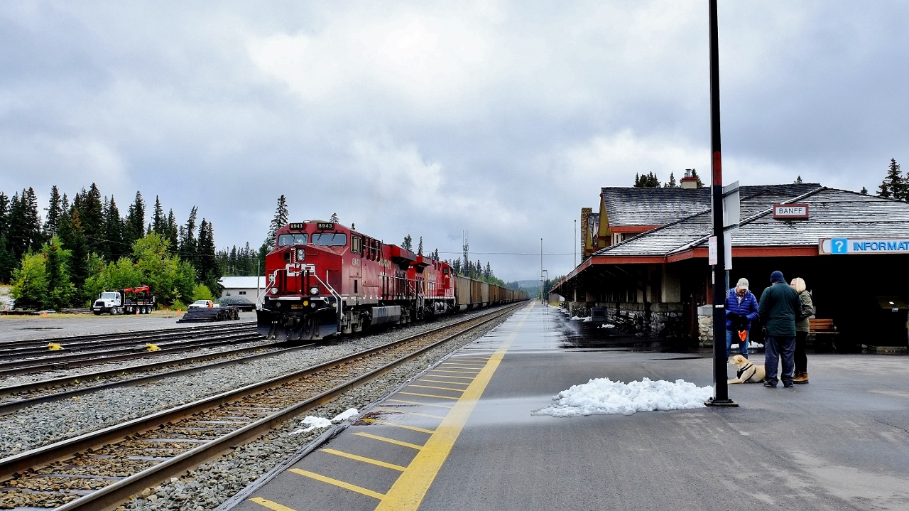 CP8943 west with 8134 and dpu8760 end of train, potash loads await westward signal 
 
 
  At  Banff Alberta on a chilly +4c Sept 16, 2018 afternoon; image by B Danko
 
 
what's interesting
 
 
 Banff station very nicely restored (completed 2017 ? ) – especially given its prior condition ( and when The Canadian last operated on CP Rail ) - I believe the Station is privately owned / operated.
 
 
 Today Banff station transportation services provided by ROAM ( half hourly local transit ) ; National Parks shuttles (hourly summer season May through October ); Rocky Mountaineer ( infrequent whenever RMR wants to ) and......  Greyhound daily ( ! ) 
 
 
 tenants include National Parks kiosk,  Rocky Mountaineer, and Greyhound ( ! )
 
 
 ! oh, Greyhound, as of Oct 31, 2018 quit all routes west of Sudbury ….seems to me one of the reasons your Government yanked VIA off the CP Rail transcontinental route cause Greyhound provided frequent daily or better service on the parallel TCH ! !
  
 
 its a long shot:
  
 
 This summer past  a private proposal to restore Banff – Calgary  rail passenger service was tabled with some private funding in place, the 81 mile ( 131 km)  rail route would parallel the CPR, estimate rail costs $5 million per KM
 
 
sdfourty