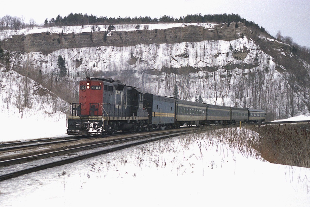 Another photo from a favourite location, opposite the old Dundas station, catching a westbound in a typical overcast day.......as it appears most of my days off were like.
This looks to be one of the trains that was eventually cancelled due to lack of ridership; perhaps the mid-afternoon #83.