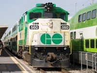 A GO Transit EMD F59PH is seen arriving at Malton GO, heading Eastbound towards Toronto Union Station, on a warm April morning.
