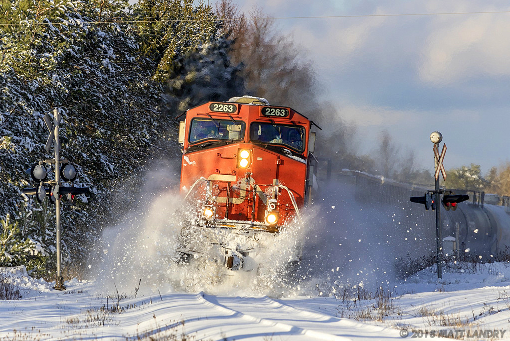 After the second major snowstorm of the year already, CN 2263 leads train 406, as they pound a small snow bank left by the plows from the night before. 20cm of snow fell in the area, but it doesn't seem like much. Here's hoping the banks get bigger as the winter goes on.