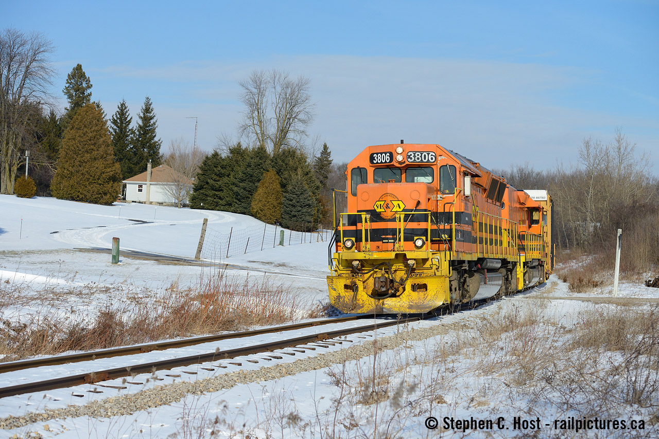 The former CN Fergus sub between Guelph and Galt has a few spots of notable scenery, otherwise, it's largely grown in and inaccessible if only by drone in parts (See Ryan's great effort at Glenchristie but this spot is fairly open, on a private driveway serving two homes. I certainly enjoyed when the flared radiator 3806 was assigned to this job and of course preferred it leading to it's slug 806.