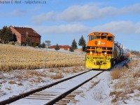 More GEXR - sick of it yet? Sorry if you are, but some might like this - a nice sunny day, blue skies, a great Canadian cab leader (My favourite!). This unit was assigned to the line for about three weeks, it did not last long. The Fergus is a great Branchline with many great photo opportunities if you are willing to stick it out. Seen here GEXR is working Flo-chem in Guelph-Eramosa Township, located at the Highway 24 crossing.