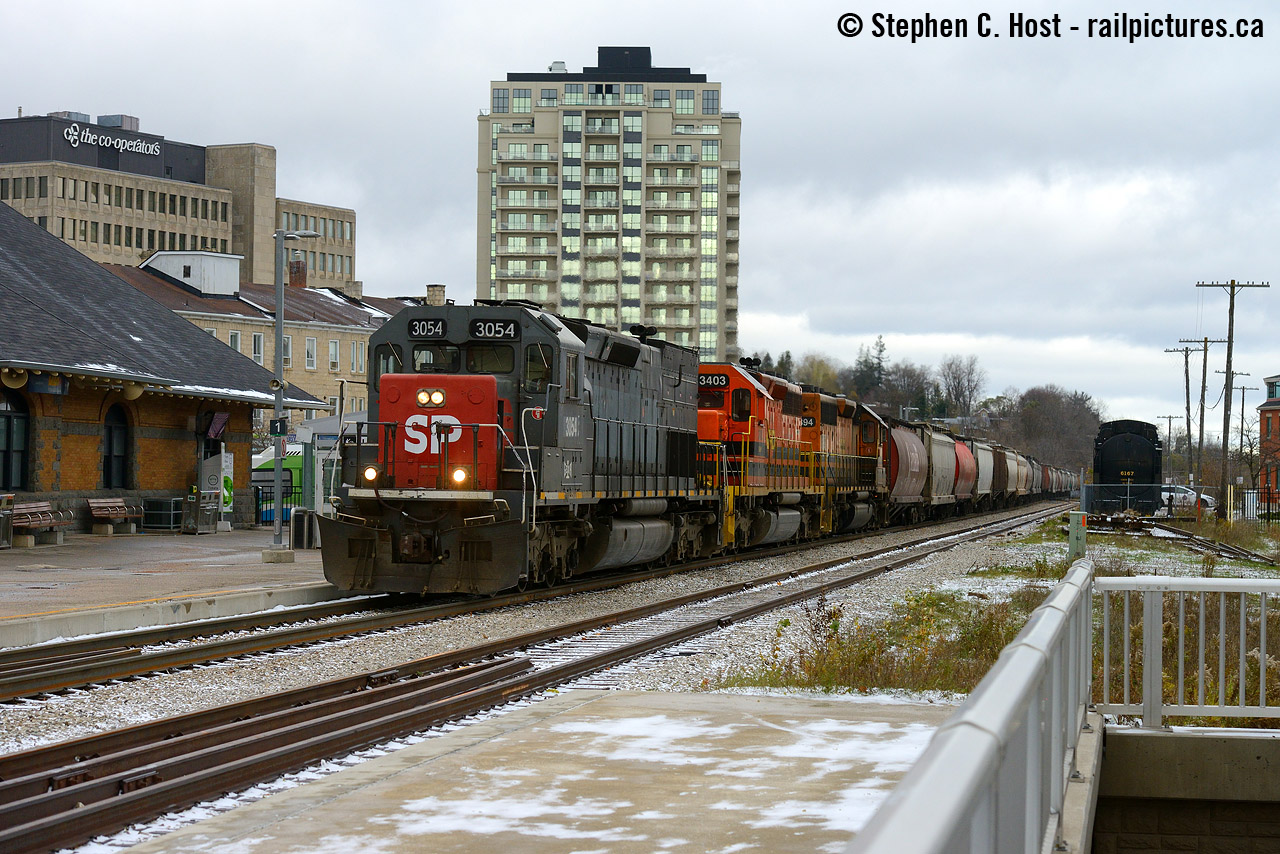With thanks to the enterprising person(s) that made this possible  - this very surprising and railfan-friendly lettering now adorns former SP 9392, former GEXR 9392 which was re-numbered GEXR 3054 a year or two? after this unit arrived on the property in 2012. It arrived with full SP Speed Lettering on the sides for quite a while before it was painted out, but it didn't have the SP on the nose.. while on GEXR until today. Oh boy is this ever going to bring everyone out for the last 5 days of GEXR on the Guelph Sub.