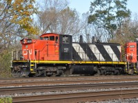 On the occasions when I've seen a GMD1, it has usually been in between other units. It was great to catch CN 1439 in the lead in 2018 on a nice autumn day in southern Ontario, and that the 5 locomotive set switching Aldershot Yard needed to pull cars this far west. <br><br>
Nearest are Oakville Sub main tracks 3, 2, and 1. CN 1439 is on the farther of 2 yard tracks, reducing to one ahead at Grindstone Creek.
