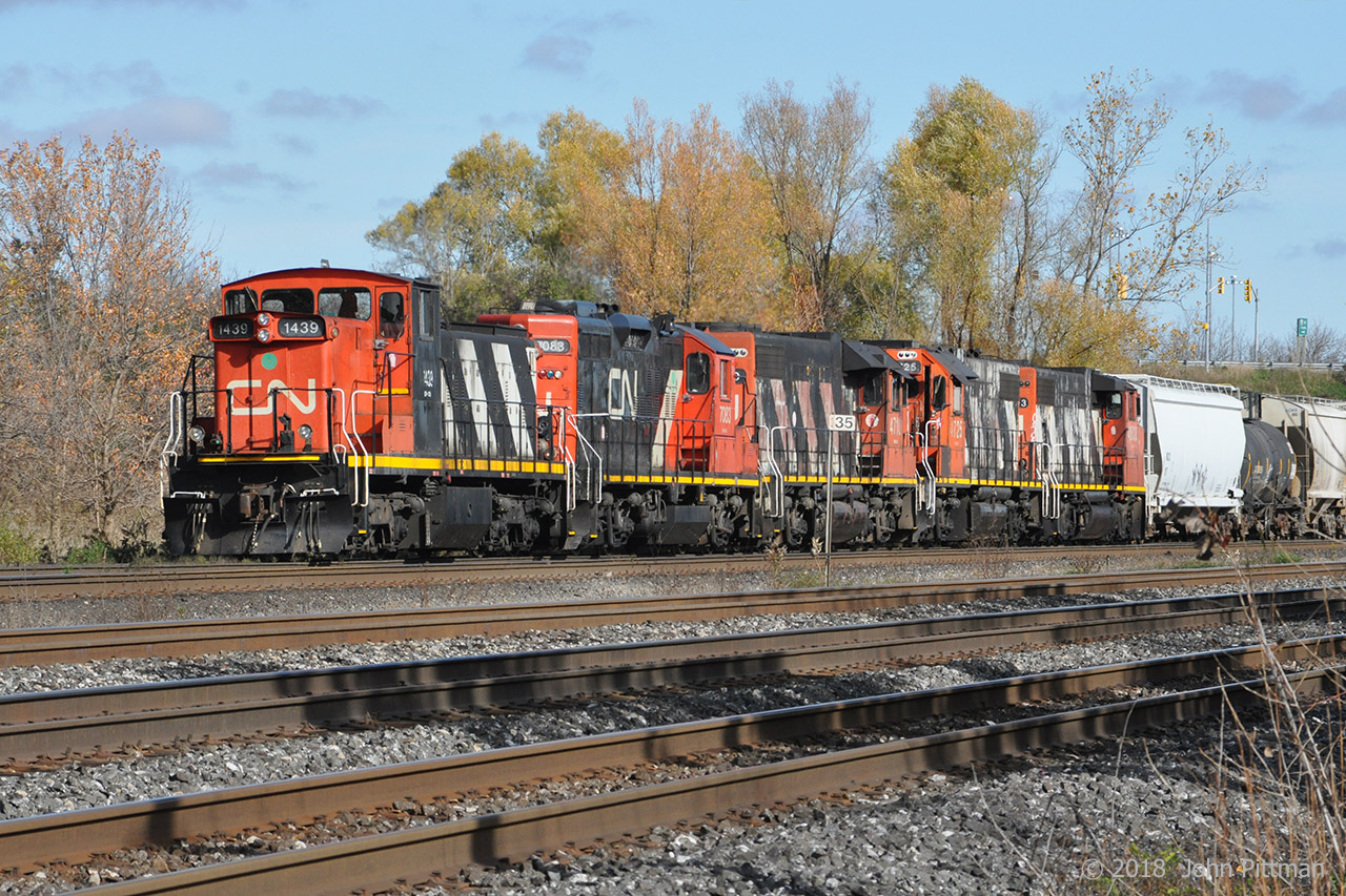 CN 1439 is in control of a set of 5 locomotives switching cars at the west end of Aldershot Yard. GM locomotive types GMD1, GP9rm, GP38-2,GP38-2, GP38-2W. CN 1439 was operated with the engineer seated on the far side, short hood forward. The engines were halted beside Oakville Sub MP 35. 
As well as better bi-directional view, a GMD1 might be less fatiguing to ride - the lower powered diesel could have less torque reaction and vibration (compared to a GP38 that I rode in once).