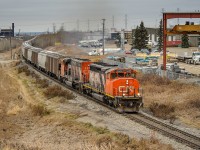 L518's engineer sticks it in the corner as his tailend has just cleared the East Edmonton siding. Man, did this pair of SD40-2Ws sound great gathering speed in Notch 8 with 95 grain empties on the drawbar.