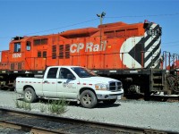 Remote control equipped GP9 sizes itself up against a Dodge Ram 1500 crew cab.