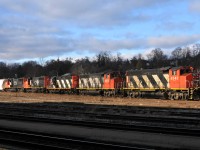 CN 9543, CN 9675, CN 4130, CN 9482, and CN 5718 take Saturday afternoon off after hauling over 11,000 tons to Paris from Garnet the previous night on L58131 28
