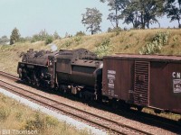 A CN 6200-series Northern (possibly 6253 or 6258) leads an eastbound freight train through Scarborough in 1955, in the same location as the previously uploaded shot of <a href=http://www.railpictures.ca/?attachment_id=35781><b>CN 6240</b></a> on the westbound passenger.