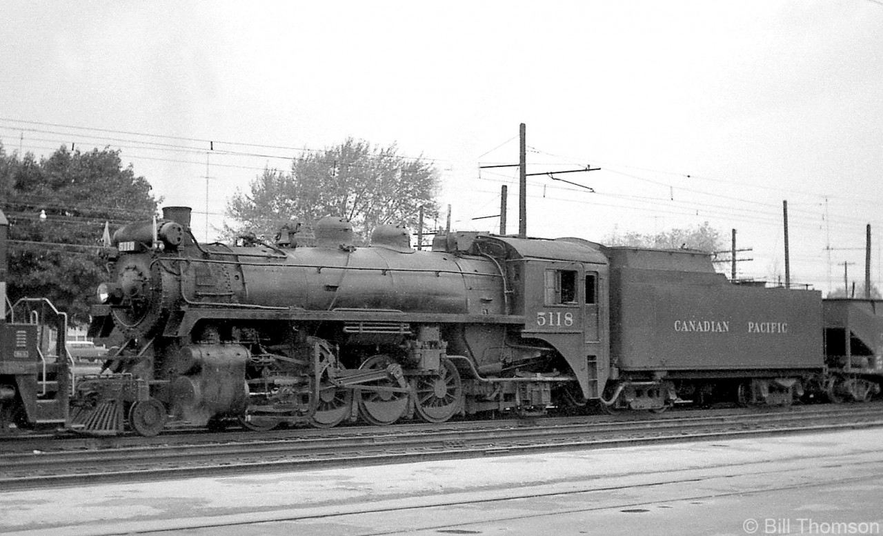 A closer view of CP P1b-class Mikado 5118 at Galt in October 1959. It's seen trailing SW1200RS 8146 that had assisted it on a westbound freight (seen here).