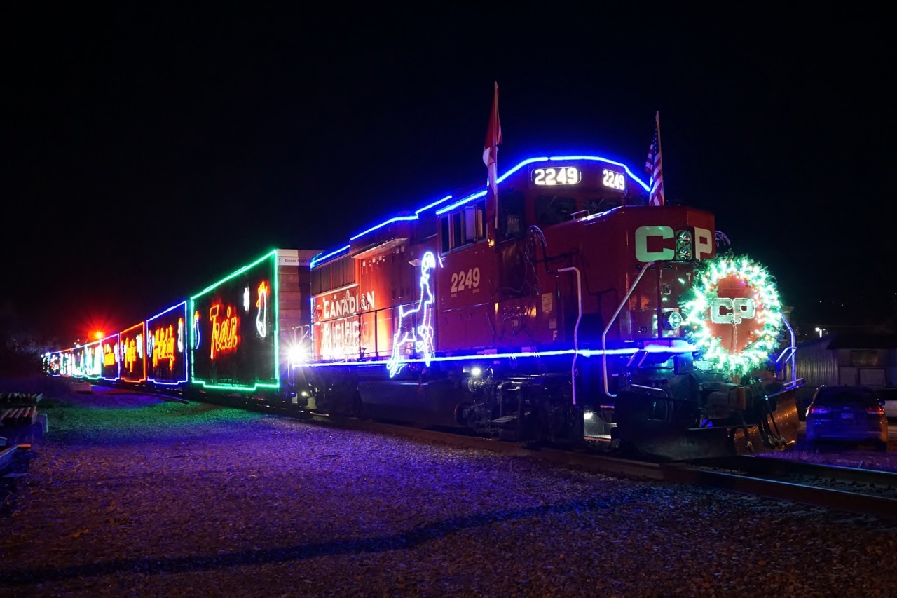 CP 2249 sits at the west end of Salmon Arm with the 2018 Holiday Train.