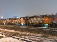 After viewing one of Arnold Mooney's most recent submissions of 4 GP40-2W's descending the Niagara Escarpment, I thought it would be cool to see that many GP40-2W's together again.  For a few short days CN L581 and CN L580 out of Brantford ran with 4 GP40-2W's.  My only chance was to photograph them in the yard at Brantford but I was happy with that.  Pictured CN 9543, CN 9675, CN 9482. CN 9473.