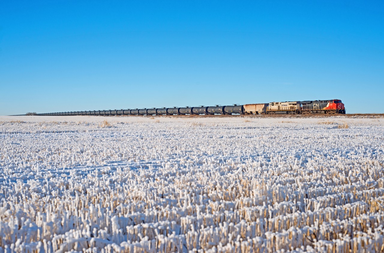 A clear day on the prairies sees CN U260 nearing the west end of the siding at Palo.
