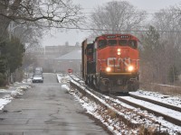 Returning West from Acton with a single boxcar, and after heading East light power, L540 trundles along Kent Street at 10mph powered by a pair of zebra GP38-2Ws