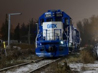 A light coat of fresh snow brightens up the scene at Preston as a pair of GMTX GP38-2's assigned to local train 542 idle the night away. It is nice to see CN continuing the practice of storing power here since the end of Goodrich-Exeter's operations over the line. Tonight there are no cars on the lumber yard spur but a tank car completes the train set, which was lifted west of Guelph. The history of GMTX is a bit questionable as I can't find any solid information on it, reportedly it is a former Long Island RR unit, and the anticlimber might prove that correct but the lack of the marker light housing seems a bit odd unless this is one of the few units that either lacked that detail or has since had it removed.