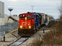 L540 working Traxxside Transloading in Guelph on the south industrial spur of the Guelph Junction Railway, with some of CN's finest motive power in the lead. (Note: This is a railfan opinion - railroaders may see it differently!). L568 would instead take two CN GP38-2w's which would normally be assigned to 540. Why they swapped power I don't know, but it's nice to see the GMD1 return to my hometown. 
