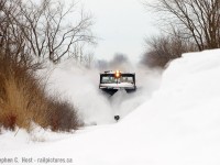 Heavy snow ahead as a 20 foot high drift, taller than the train, sits on the right of way of the GEXR Goderich subdivsion.<br><br>
I kind of wonder what the crew is thinking in this moment. Here's to a great 2019  - hoping the snow flies this season enough to bring this badboy out.