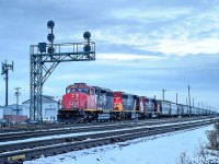 CN SD40-2Ws 5349, 5277 and 5264 depart Edmonton's Walker Yard at dusk with 100 grain empties for Gaudin, AB.