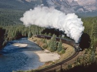 The final day of 2816's Inaugural Run from Vancouver to Calgary was magnificent.Departure from Lake Louise was of course "on time" and with moist crisp mountain air, the exhaust from 2816 could not have been more perfect.  The train rounding Morant's Curve, MP 114 of the Laggan Sub.