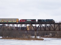 Today's train of choice, 240 with CEFX 1059 and slightly less common FerroMex AC4400 4673 cross the Grand River on their way to Toronto. Does anyone else think this would be ideal power for 147 tomorrow? Mr. Santos?? :)