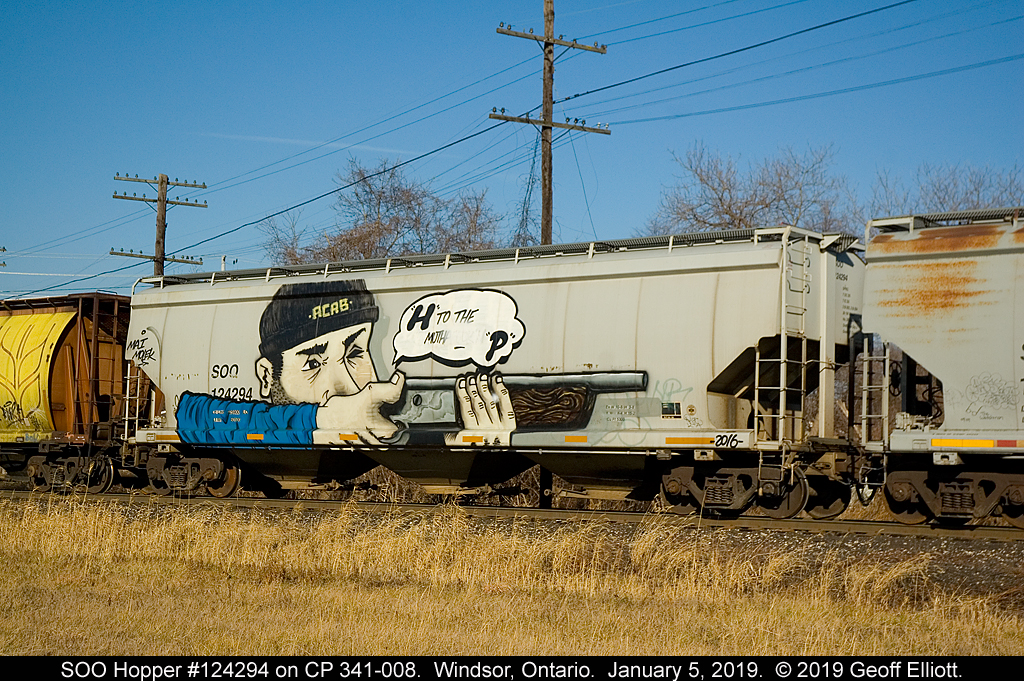 Some interesting graffiti on SOO Hopper #124294 that was on CP 341-008 today.