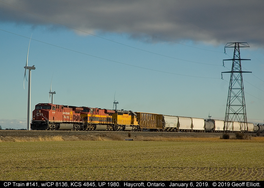 CP 8136 leads KCS 4845, and Union Pacific SD40N #1950 on train 141 as it rolls through Haycroft, Ontario and the flatlands of Essex County on it's journey to the U.S.