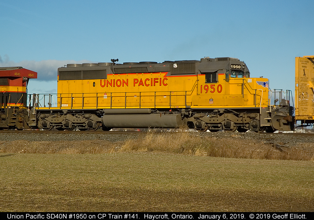 Union Pacific SD40N #1950 trails in the consist of CP Train #141 as it rolls through Haycroft on January 6, 2019.  1950 started life as Union Pacific SD40-2 #3597 as built in August of 1979.