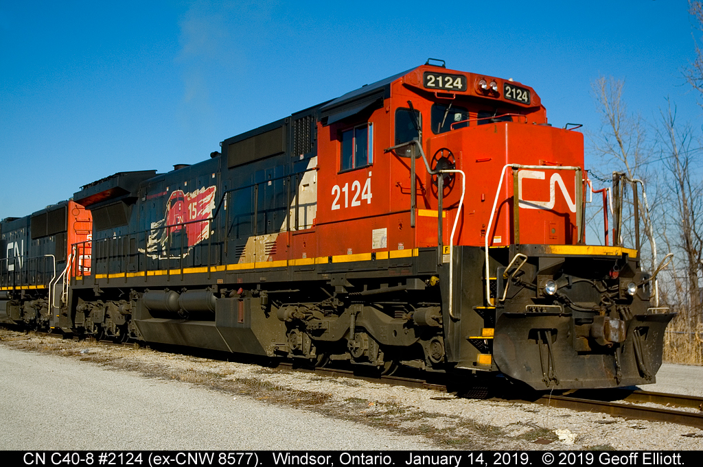 CN second hand C40-8 #2124, ex-Chicago North Western #8577, basks in the mid-day sun on a cold January 14th afternoon while waiting to depart on train #438 later this day.
