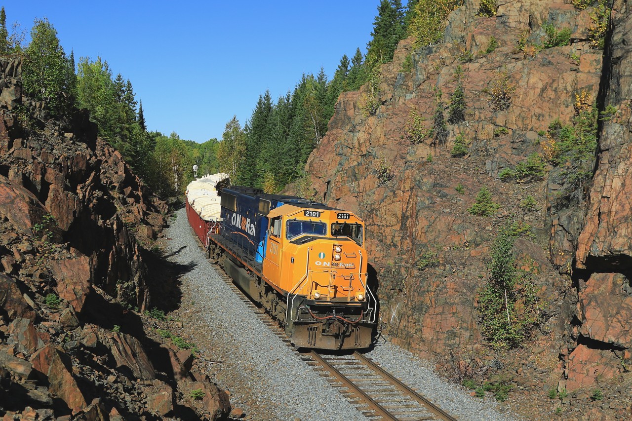Train 308 passes through the rock cut near Boston Creek as it makes its way back to Englehart on a lovely autumn afternoon.