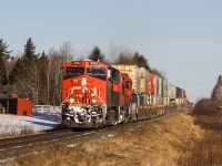 CN 3092 leads a short stack train through Brookfield heading west towards Halifax