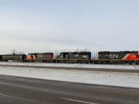 SD40-2 CN 5373 (ex UP), GP50m IC 3140 and SD40-2(W) CN 5277 are switching at the east end of CN's Scotford Yard