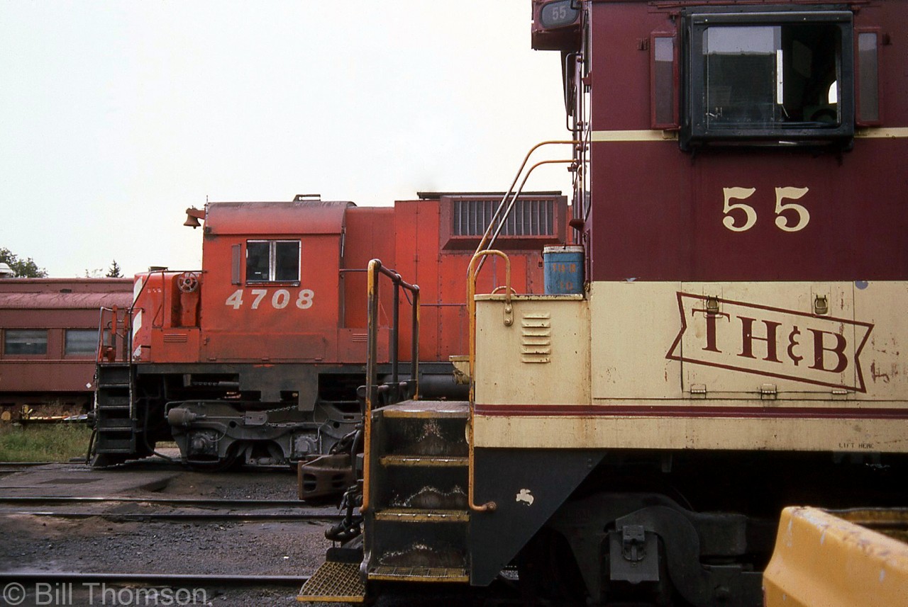 CP M636 4708 rests at TH&B's Chatham Street shops, alongside longtime Hamilton resident TH&B SW9 55. Time was running out for TH&B's aging first-generation GMD motive power fleet at this time: parent CP would absorb the TH&B into its system in 1987. The TH&B's NW2 and SW9 switchers would be sold off, while the GP7 and GP9 fleet would be rebuilt as CP yard units in the 1680-series.