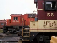 CP M636 4708 rests at TH&B's Chatham Street shops, alongside longtime Hamilton resident TH&B SW9 55. Time was running out for TH&B's aging first-generation GMD motive power fleet at this time: parent CP would absorb the TH&B into its system in 1987. The TH&B's NW2 and SW9 switchers would be sold off, while the GP7 and GP9 fleet would be rebuilt as CP yard units in the 1680-series.