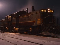 Power off of (and for) the CP's Goderich sub wayfreight slumbers at the TH&B Chatham Street roundhouse in January 1967. A pair of SW1200RS units was normal for this assignment in the 1960s.