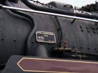 A closeup of the builder's plate bolted on the front left side of CPR Hudson 2816's boiler, proudly proclaiming her as a December 1930 product of the Montreal Locomotive Works, builder's number 68535, and CPR class "H1b" Hudson.