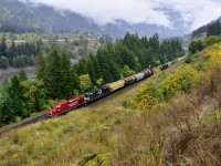 Re-built CP 8006 & NS 1158 are coasting into North Bend in charge of an eastbound load of grain empties. CN's Boston Bar yard can be seen on the other side of the Fraser River.