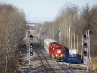Five GP20C-ECO's (CP 2261, CP 2285, CP 2307, CP 2253 & CP 2257) lead CP F94 through the plant at Lavallée (named after CP employee and historian Omer Lavallée), where the Seaway Spur leaves the Adirondack Sub.