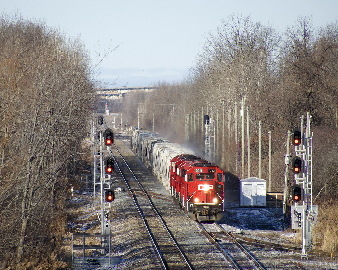 Five GP20C-ECO's (CP 2261, CP 2285, CP 2307, CP 2253 & CP 2257) lead CP F94 through the plant at Lavallée (named after CP employee and historian Omer Lavallée), where the Seaway Spur leaves the Adirondack Sub.