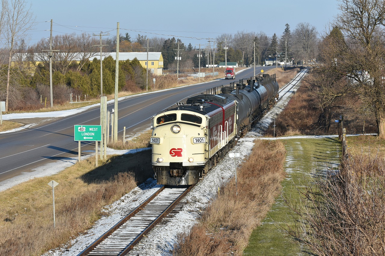 Although it wasn't a daylight CN A431 on the Guelph Sub, I knocked off some bucket list shots, with in my opinion, the classiest units OSR has to offer in 2019. They are seen about to pass under the 401 with tanks for Dowler-Karn in St. Thomas