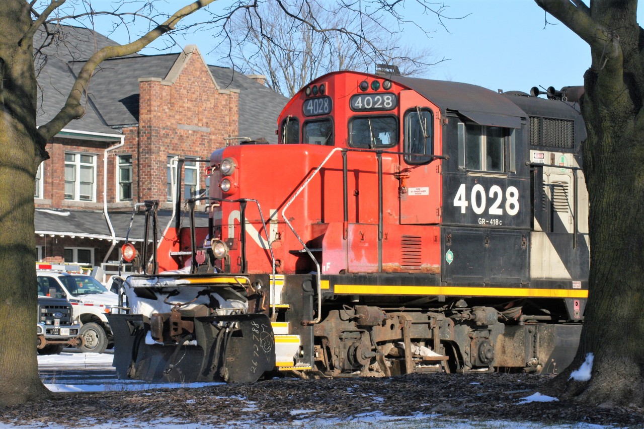 CN train L568 with CN 4028, GMTX 2323 and GMTX 2279 are setting-off their entire train of hoppers for the Goderich-Exeter Railway at the Stratford, Ontario yard. No GEXR motive power was observed at Stratford this day.